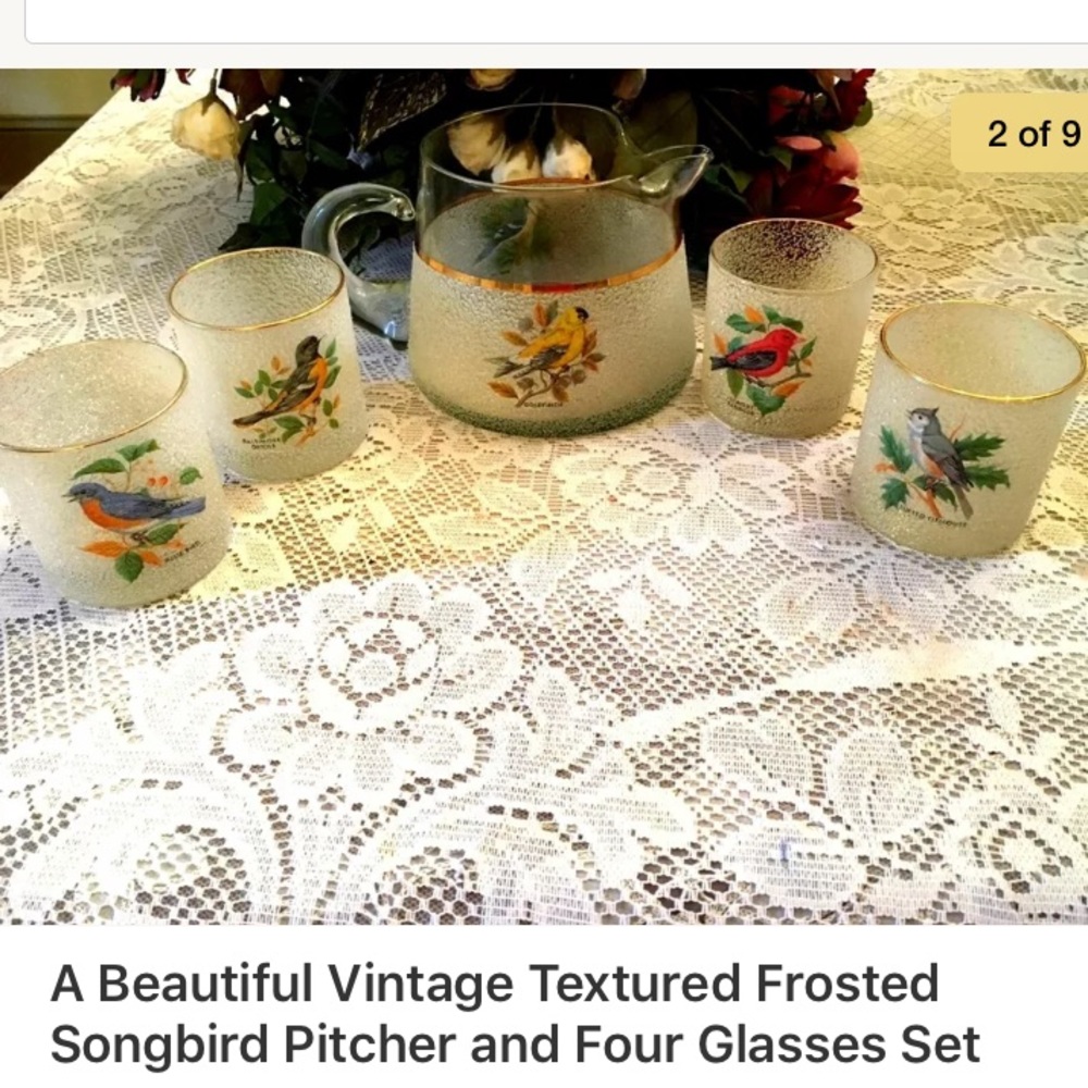 Vintage Textured Frosted Songbird Pitcher 4 Glasse - Picture 2 of 8